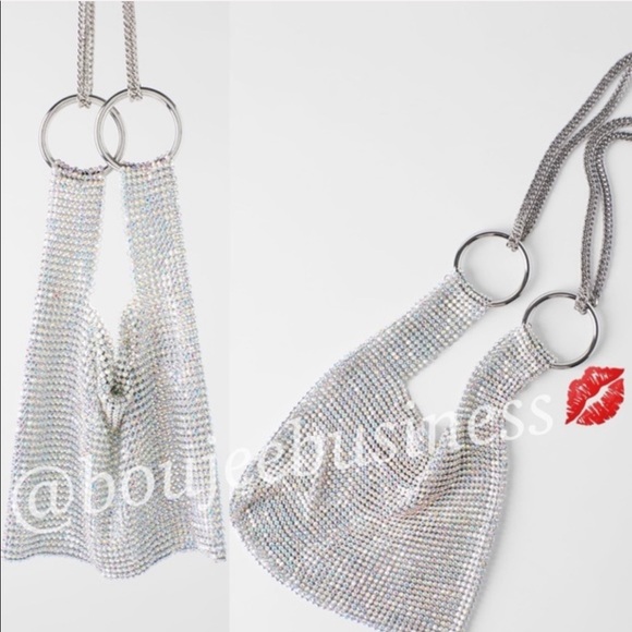 ZARA BNWT Metallic Mesh Beaded Bucket Bag with Chain Shoulder Strap - Picture 7 of 8